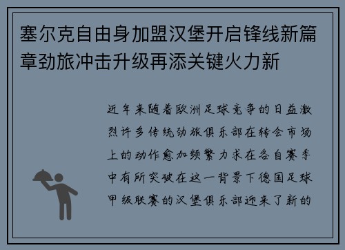 塞尔克自由身加盟汉堡开启锋线新篇章劲旅冲击升级再添关键火力新