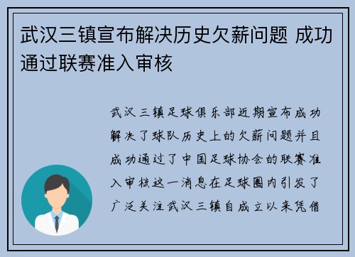 武汉三镇宣布解决历史欠薪问题 成功通过联赛准入审核